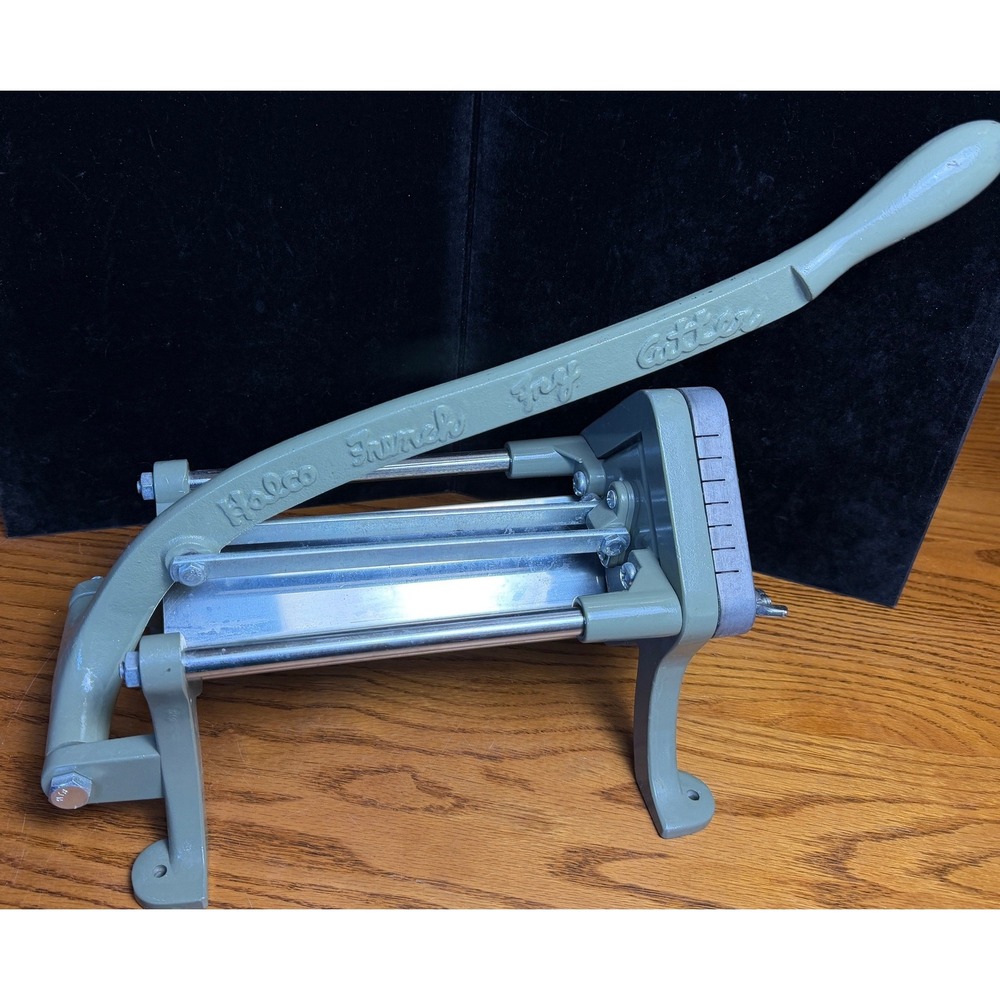 Vintage Halco French Fry Cutter-Cast Iron, Industrial Potato Slicer, Sage Green